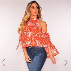 Tangerine Floral Tie Up Off Shoulder Babydoll Top